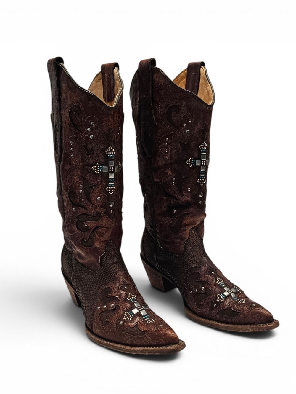Corral Python Crystal Embellished Brown Leather Pointed Square Toe Boots 8.5